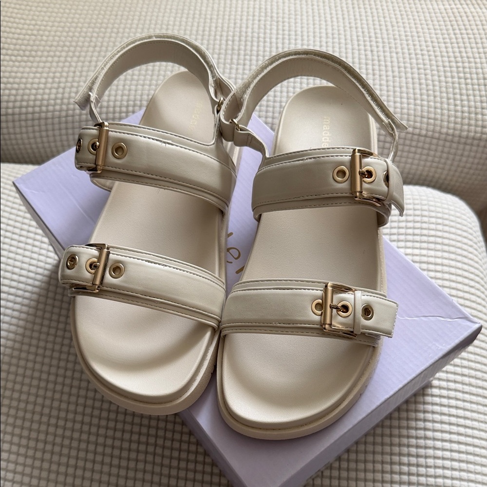 Madden Girl Neutral Cream Buckle Strap Sandals - Women's Comfort Sandals